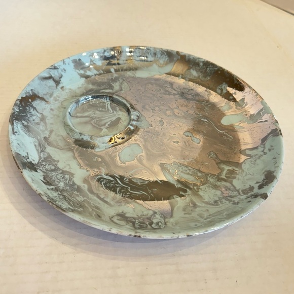 Sasha Brastoff Snack Plate Cup Surf Ballet Pattern Turquoise Platinum Marble - Picture 5 of 16